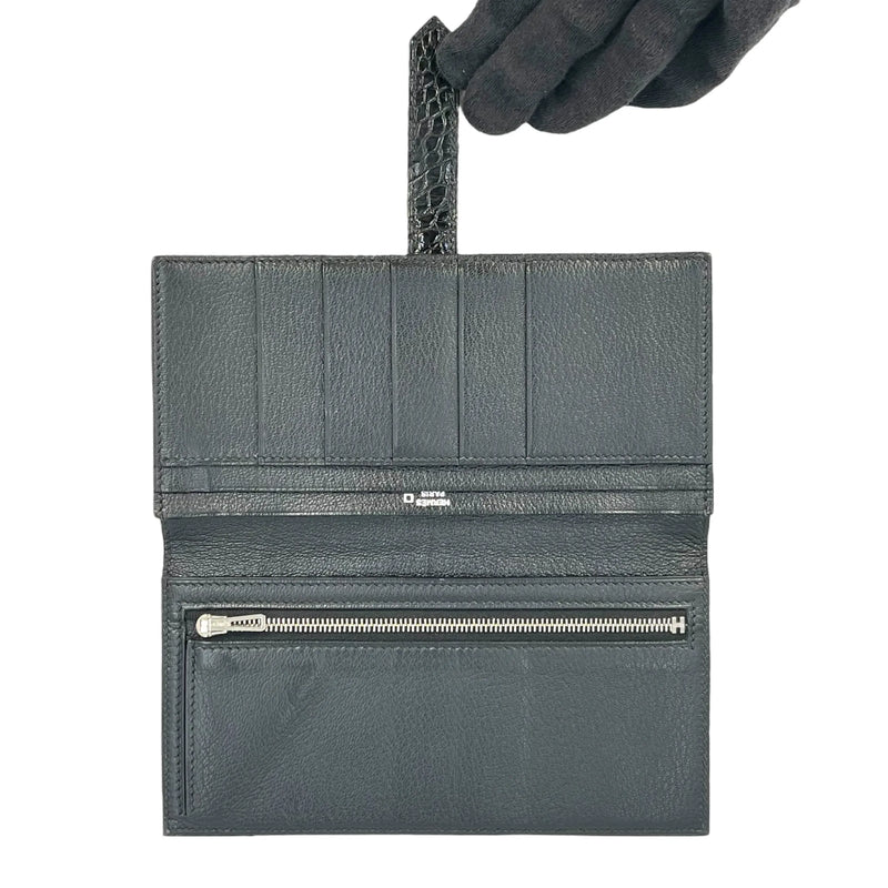 HERMES Bearn Soufflet Alligator Long Wallet - Black with J Stamp (2006) 
