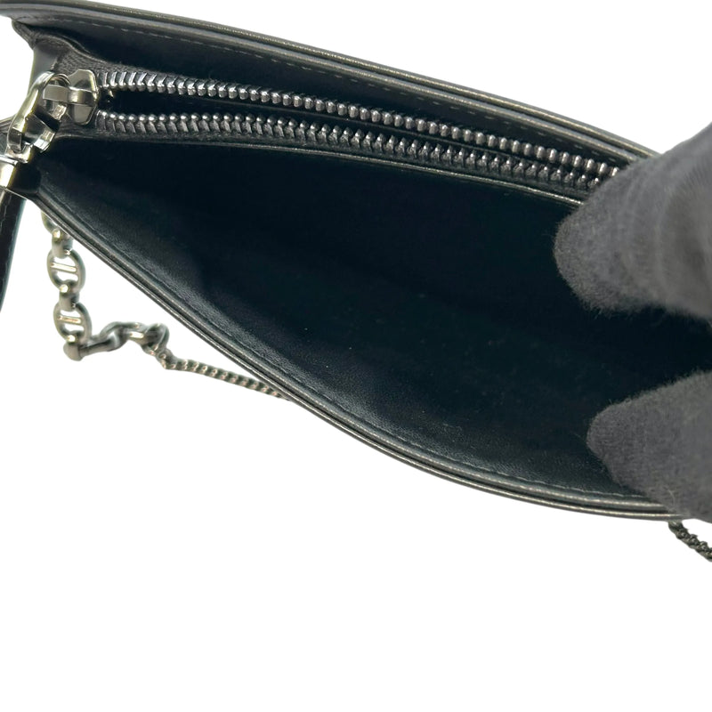 Dior Caro Diamond Calfskin Zipped Pouch With Chain Wallet Shoulder Bag - Black