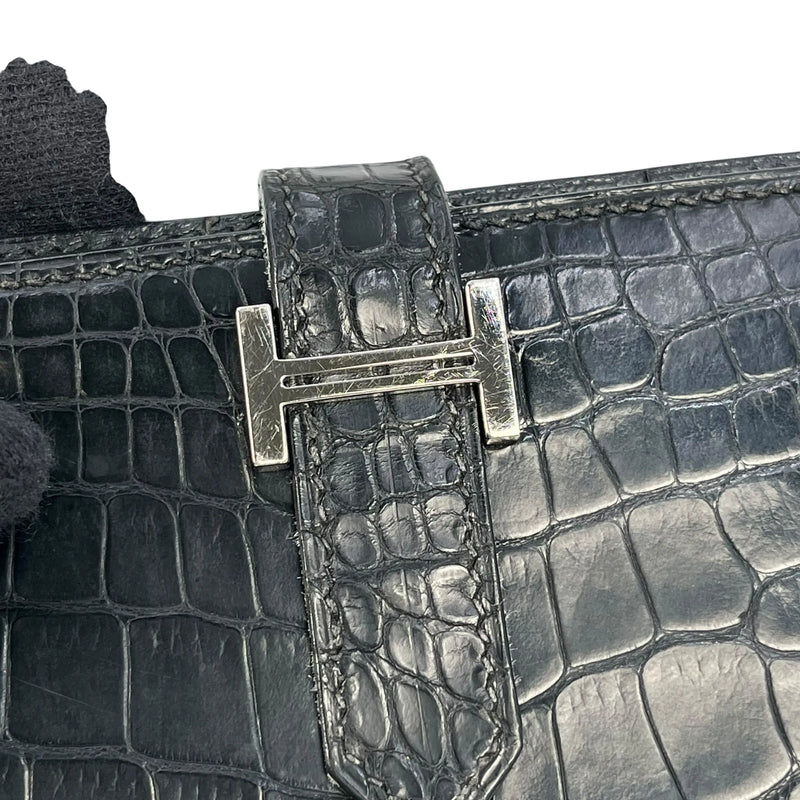 HERMES Bearn Soufflet Alligator Long Wallet - Black with J Stamp (2006) 