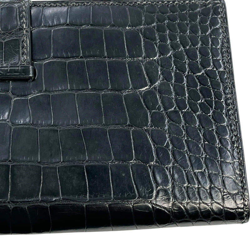 HERMES Bearn Soufflet Alligator Long Wallet - Black with J Stamp (2006) 