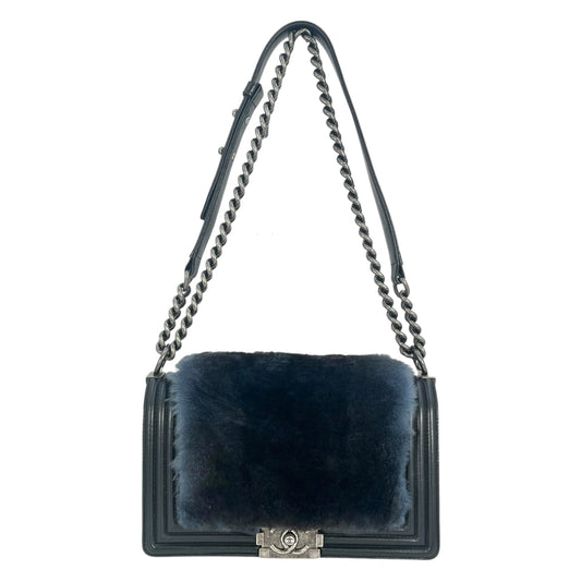 CHANEL Boy Chanel Fur Chain Shoulder Bag - Black
