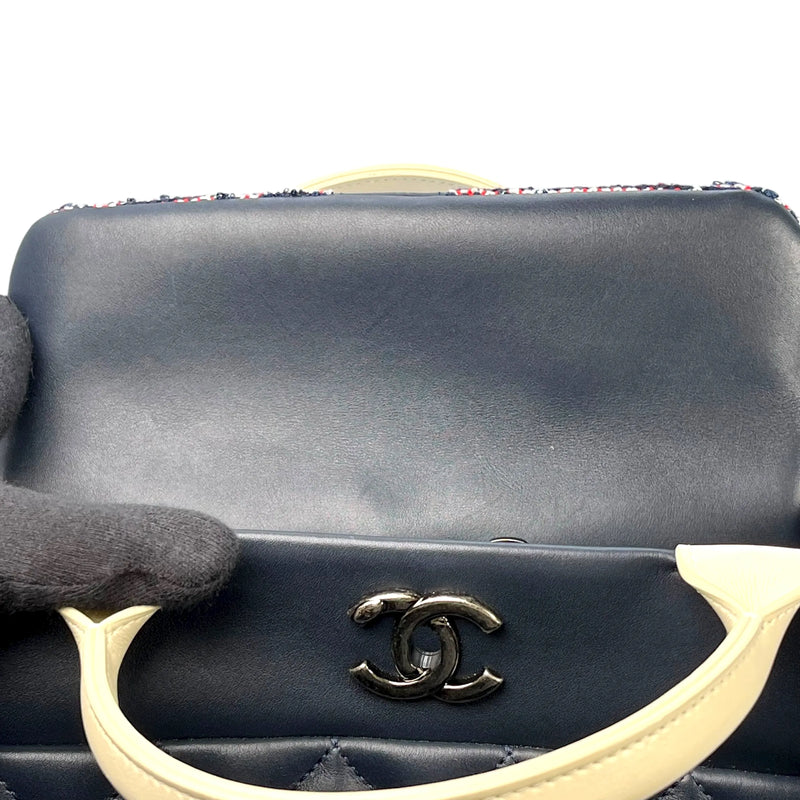CHANEL Matelasse Tweed and Quilted Aged Calfskin Medium Hand Bag Chain Shoulder Bag - Navy