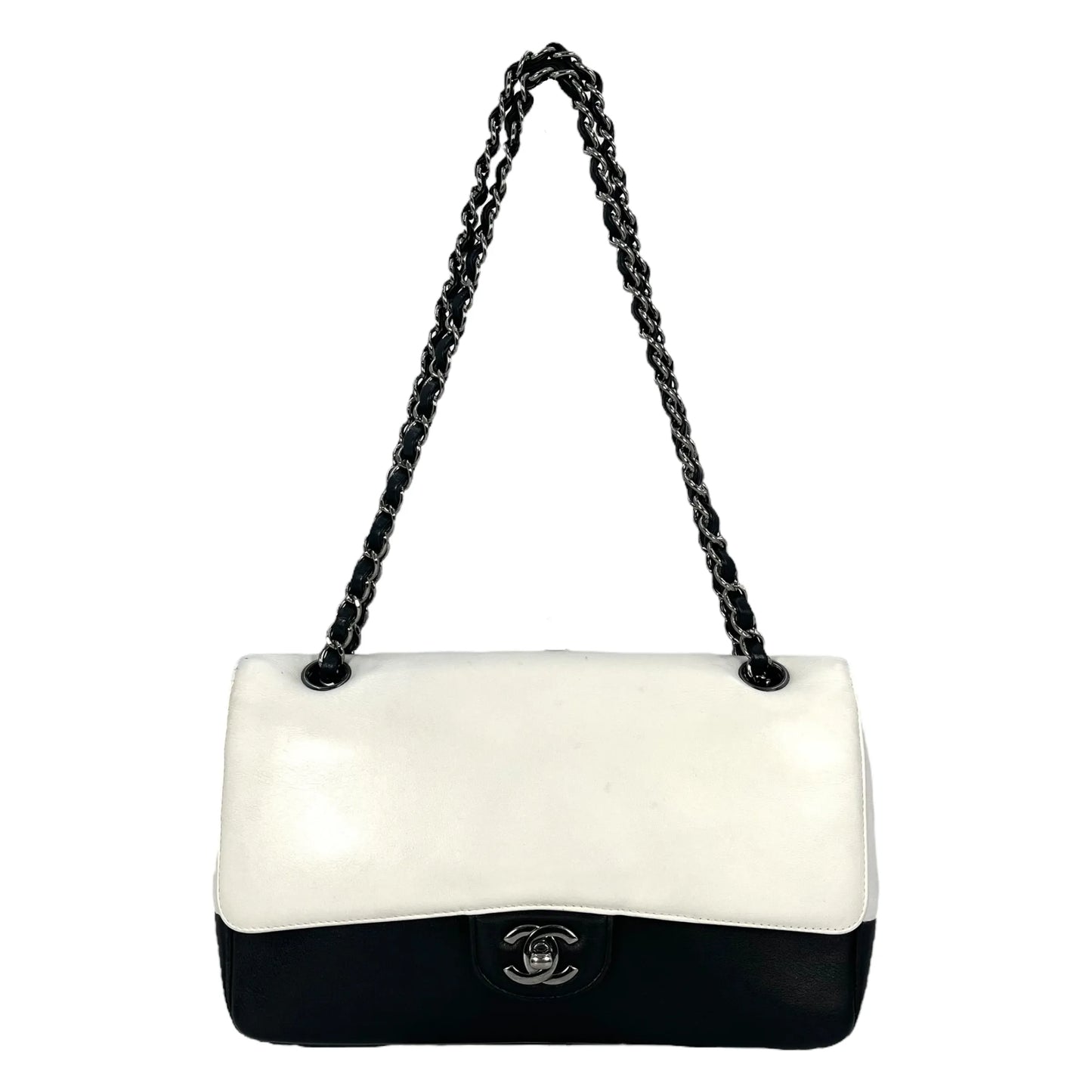 CHANEL Double Flap Bag Calf Chain Shoulder Bag - Black / White