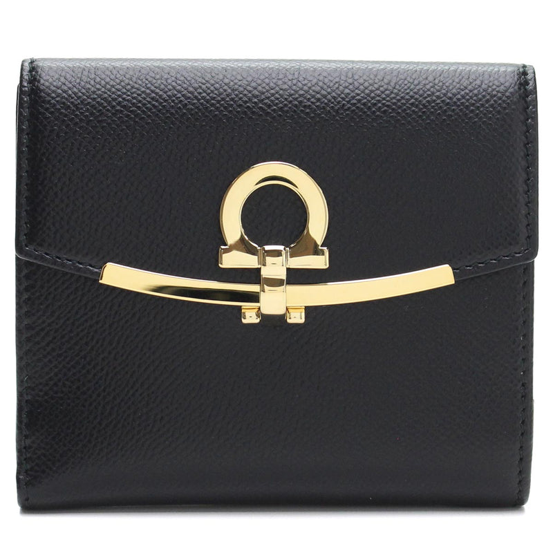 FERRAGAMO ガンチーニ レザー クリップ 二つ折り財布 コンパクトウォレット - ブラック