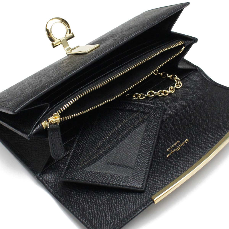 FERRAGAMO ガンチーニ レザー 長財布 ロングウォレット - ブラック