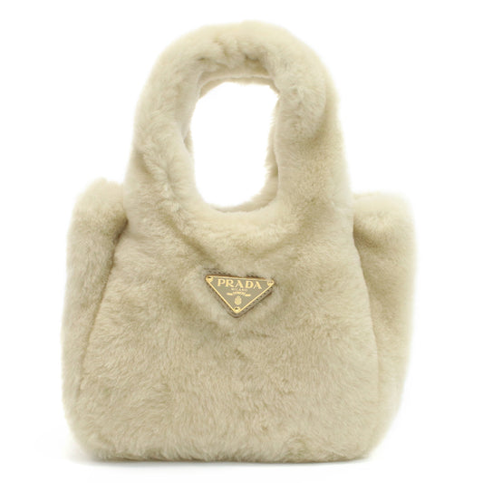 PRADA Montone Faux Fur Leather Hand Bag - Beige
