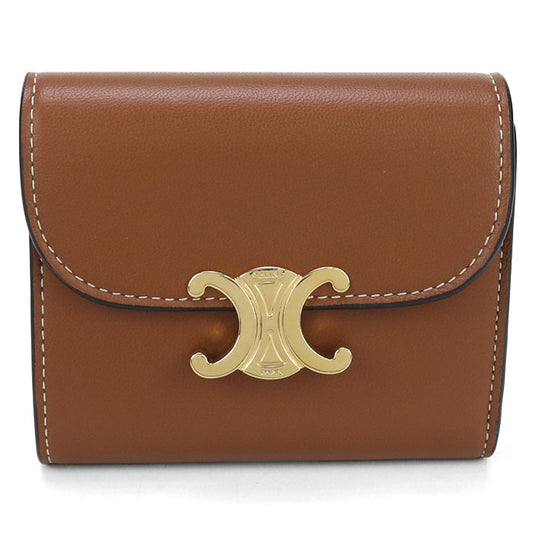 CELINE Triomphe Small Flap Lambskin Tri-Fold Compact Wallet - Brown