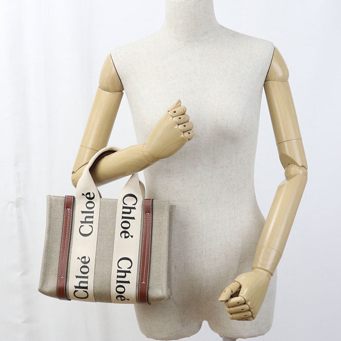 Chloe スモール ウッディ リネン トートバッグ ショルダーバッグ - ベージュ
